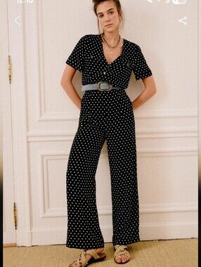 Sezane Rayan Black Polka Dot Wide-Leg Jumpsuit